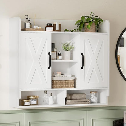 White Bathroom Wall Cabinet, Wall Mount Storage Cabinet, Floating Medicine Cabinet with 5 Open Shelves and 2 Deep Cabinets Over The Toilet for Laundry Room, Kitchen