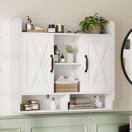 White Bathroom Wall Cabinet, Wall Mount Storage Cabinet, Floating Medicine Cabinet with 5 Open Shelves and 2 Deep Cabinets Over The Toilet for Laundry Room, Kitchen