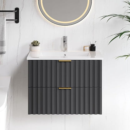 ONBRILL 24 Inch Bathroom Vanity with Sink Combo, Floating Bathroom Vanity with 2 Fluted Drawers & Metal Handle, Modern Wall Mount Storage Cabinet with Ceramic Integrated Sink for Small Space (Black)