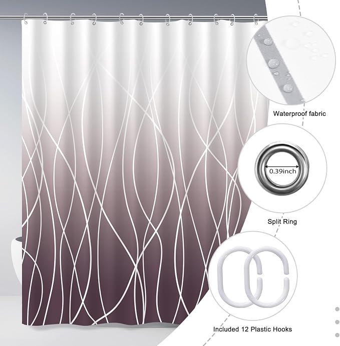 Striped Shower Curtain for Bathroom, Burgundy, 72" W x 72" L | with Hooks, Modern Hotel Style, Water Repellent, Washable, Weighted Hem