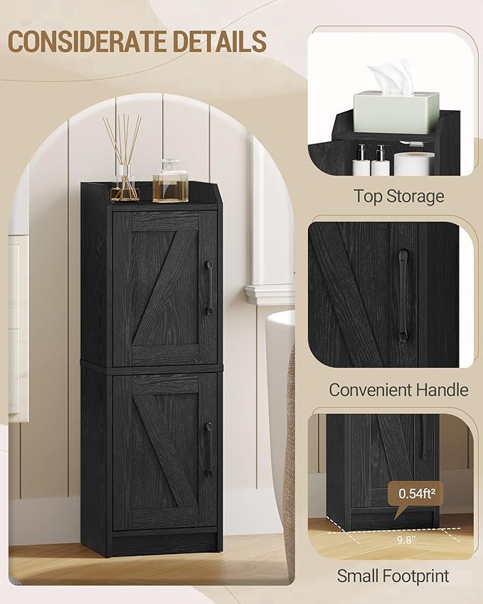 Bathroom Storage Cabinet, Small Corner Floor Cabinet with Door and Shelves, Narrow Bathroom Organizer and Paper Storage with Adjustable Shelves, for Small Spaces, Black BC27104X
