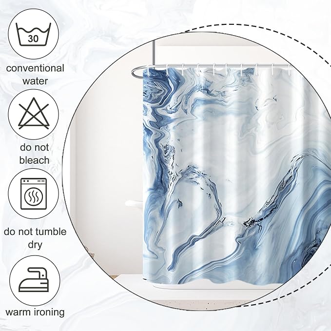 AWERT Blue Marble Shower Curtain Waterproof Shower Curtain for Bathroom Decor Printed Washable with Hooks 72x84 Inch