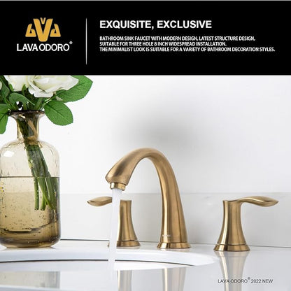 Lava Odoro Valenvoir Gold Bathroom Faucet for Sink 3 Hole, Bronze Gold 8 inch Widespread Bathroom Faucet 2 Handle Bathroom Sink Faucet for Vanity with Drain Assembly Supply line, BF405-BB