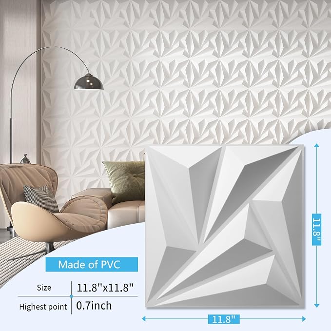 Art3d 20 Pack Decorative 3D Wall Panels, 19 Sq.feet PVC Interior Wall Décor, 11.8"x11.8", White