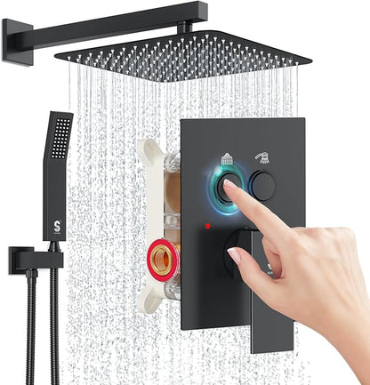 SR SUN RISE Shower System with Push Button Diverter, Wall Mounting Luxury 10 Inch Rain Shower Head with Handheld Spray, High Pressure Shower Faucet Combo Set with Rough-in Valve, Matte Black