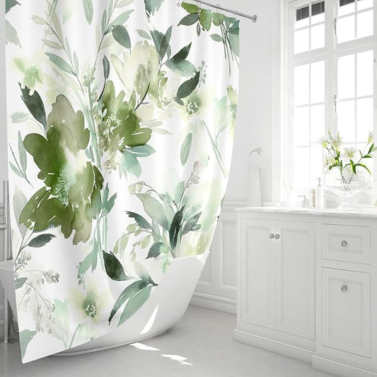 Extra Long Shower Curtain 72 x 84 Inch, Tall Olive Green Floral Decor | Watercolor Floral Modern Abstract Flower Bathroom Fabric Shower Curtain Set with Hooks