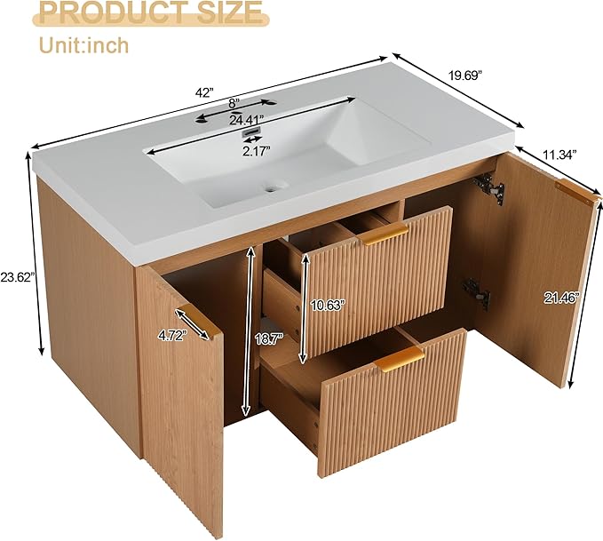 Merax 42 inch Bathroom Vanity with Sink, Wall Mounted Storage Vanities with Drawer and Door, SMC Resin Countertop and Basin, Single Sink, Nature Wood