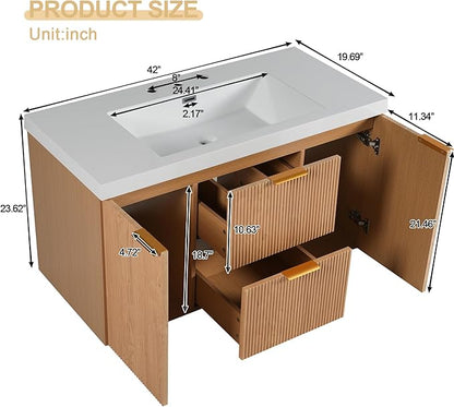 Merax 42 inch Bathroom Vanity with Sink, Wall Mounted Storage Vanities with Drawer and Door, SMC Resin Countertop and Basin, Single Sink, Nature Wood