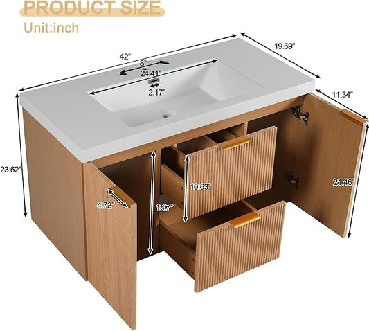 Merax 42 inch Bathroom Vanity with Sink, Wall Mounted Storage Vanities with Drawer and Door, SMC Resin Countertop and Basin, Single Sink, Nature Wood