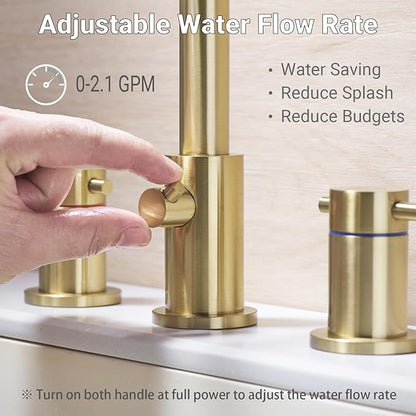Bathroom Faucet 3 Hole Brushed Gold - Flow-Setting 8 Inch Widespread Bathroom Sink Faucet with 360° Swivel Spout for Small Vanity, with Overflow Pop Up Drain and cUPC Waterlines