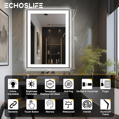 EchosLife 24x32 LED Bathroom Mirrors for Wall - Black Aluminum Framed | Black Frame, Front and Backlit, Anti-Fog, Stepless Dimmable, 3 Colors, Memory, Tempered Glass, UL Listed, Horizontal/Vertical