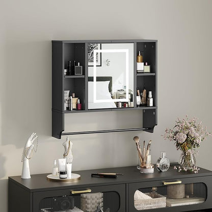 Bathroom Wall Cabinet with Mirror, Wall Mounted Medicine Cabinet with Color Adjustment LED Lights, Mirrored Over The Toilet Storage Cabinet with Adjustable Shelves, 23.6''W x 21.6''H, Black