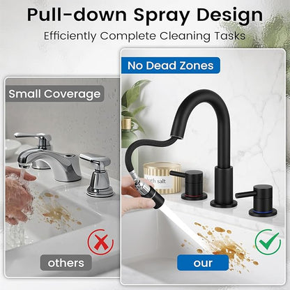 Bathroom Faucet 3 Hole, 8 Inch Widespread 2 Handle Pull Down Bathroom Sink Faucets with Pop Up Drain and 360° Swivel Spout,Matte Black