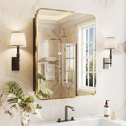Medicine Cabinet Mirror 20x28 Inch, Gold Bathroom Mirror Cabinet with Stepless Adjustable Shelves, Stainless Steel Frame, Bathroom Mirror with Storage Recessed or Wall Mount