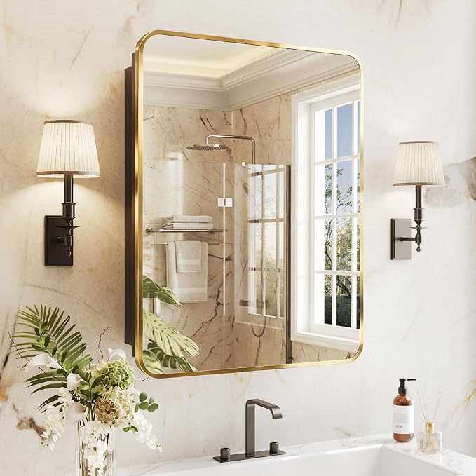 Medicine Cabinet Mirror 20x26 Inch, Gold Bathroom Mirror Cabinet with Stepless Adjustable Shelves, Stainless Steel Frame, Bathroom Mirror with Storage Recessed or Wall Mount