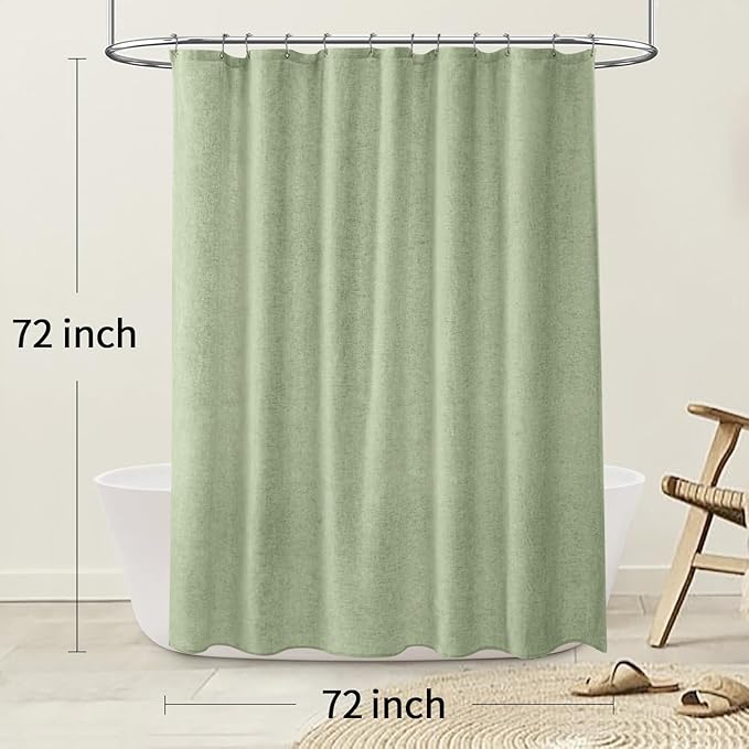Linen Shower Curtain Flax Green, Fabric Boho Farmhouse Shower Curtains for Bathroom Cotton Natural Cloth Liner Set 72" W x 72" L