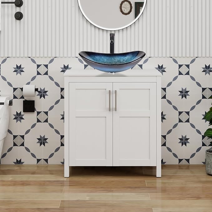YOURLITE 30" Bathroom Vanity with Sink, White Bathroom Vanity and Sink Combo with Faucet & Pop Up Drain Set,Traditional Vanity with Blue Glass Bowl Bathroom Sink