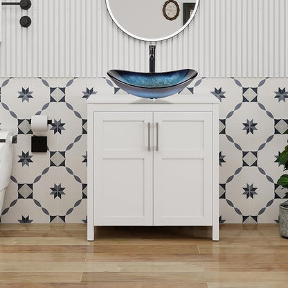 YOURLITE 30" Bathroom Vanity with Sink, White Bathroom Vanity and Sink Combo with Faucet & Pop Up Drain Set,Traditional Vanity with Blue Glass Bowl Bathroom Sink