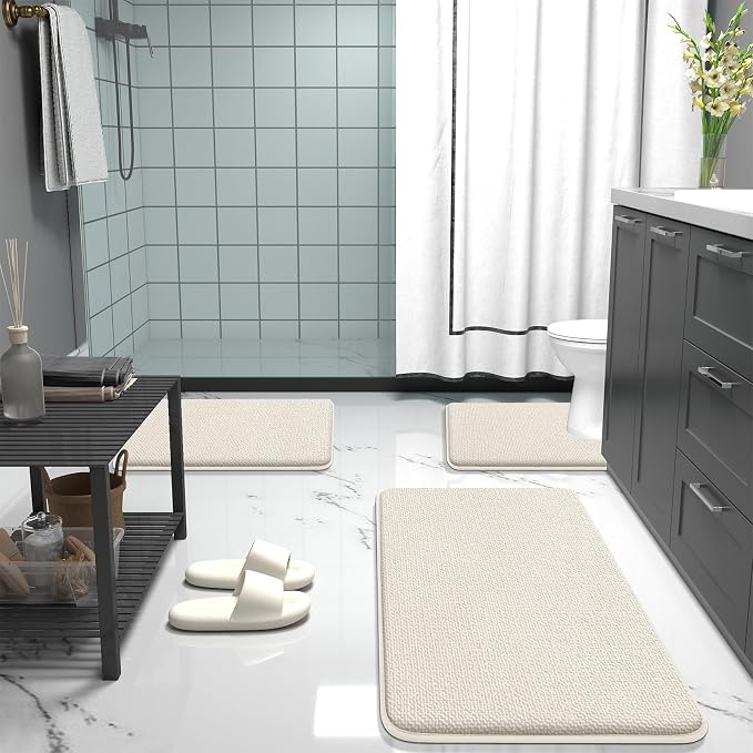 OLANLY Thick Memory Foam Bathroom Rugs 34x21, Absorbent Bath Mat, Ivory | Soft Quick Dry Bath Rugs, Non-Slip, Machine Washable Carpet for Bathroom Floor, Tub and Shower, Home Decor Accessories