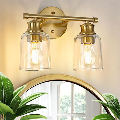 Bathroom Light Fixtures Over Mirror, 2 Lights Vanity Lights with Clear Glass Shade, 12.1" Gold Farmhouse Bathroom Wall Light Fixtures for Bedroom, Porch, Hotel, Mirror Cabinet