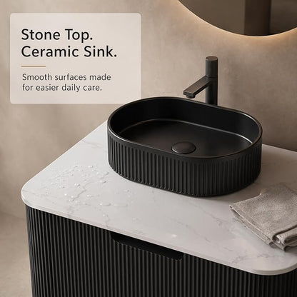 30 Inch Bathroom Vanity with Sink, Floating Wall Mounted Single Sink Vanity, Black Curved Fluted Front, Stone Top, Black Textured Oval Vessel Basin, Pre-Assembled