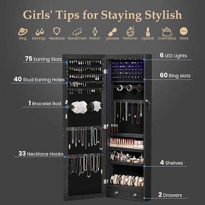 DUMOS 6 LEDs Mirror Jewelry Organizer Cabinet, Jewelry Armoire, 47.2 Inch | Hanging Door or Wall Mounted Mirror, Lockable, Large Capacity Cosmetic Storage, 2 Drawers, Gift Idea, Black