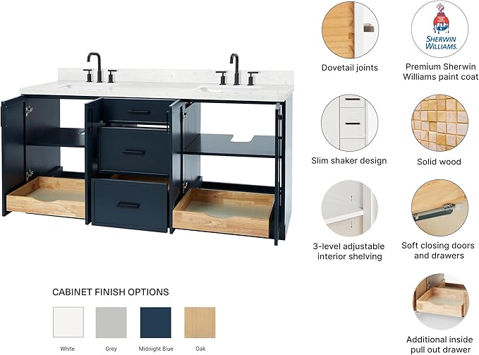 ARIEL Kelly 72-inch Bathroom Vanity with Sink,Solid Wood, 1.5-inch Carrara White Quartz Countertop, Double Rectangular Porcelain Sink, 4 Soft Closing Doors, 5 Dovetail Drawers, Midnight Blue