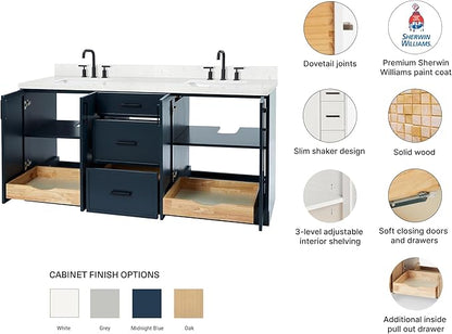 ARIEL Kelly 72-inch Bathroom Vanity with Sink,Solid Wood, 1.5-inch Carrara White Quartz Countertop, Double Rectangular Porcelain Sink, 4 Soft Closing Doors, 5 Dovetail Drawers, Midnight Blue