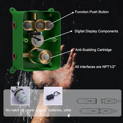 Chrome Shower System Set with 2 Rain Shower Head(12+8 inch), Handheld Shower, with Digital Temperature Display Function