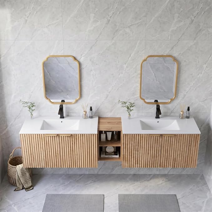 84 Inch Floating Bathroom Vanity with Double Sink, Bathroom Double Sink Cabinet with Soft Close Door Waterproof Storage, Wood Color