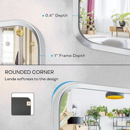 Brushed Nickel Bathroom Wall Mirror, Silver Metal Framed Large Rounded Corner Rectangle Mirror, Tempered Glass, Shatter Proof, Hangs Horizontally or Vertically (30" x 55", Silver)