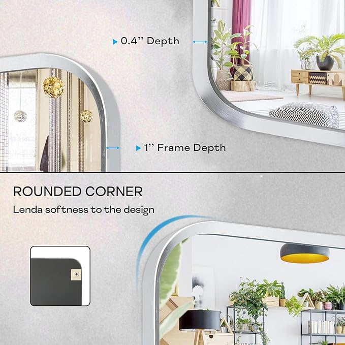 Silver Bathroom Mirror 28x60in, Metal Framed Rounded Rectangle | Tempered Glass, Shatter Proof, Anti-Rust Frame, Hangs Horizontal or Vertical