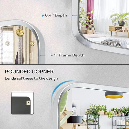 Silver Bathroom Mirror 28x60in, Metal Framed Rounded Rectangle | Tempered Glass, Shatter Proof, Anti-Rust Frame, Hangs Horizontal or Vertical