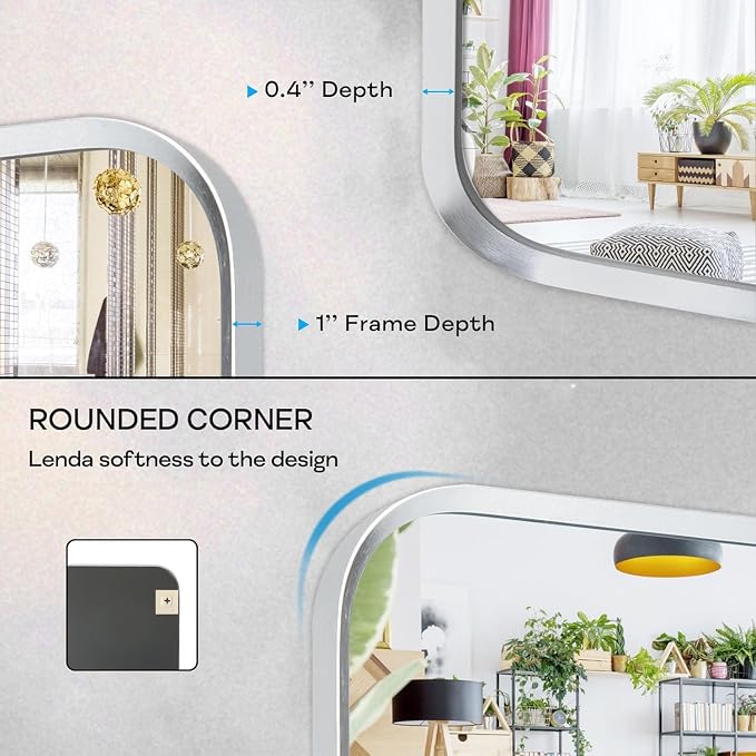 Silver Bathroom Mirror 30x48in, Metal Framed Rounded Rectangle | Tempered Glass, Shatter Proof, Anti-Rust Frame, Hangs Horizontal or Vertical