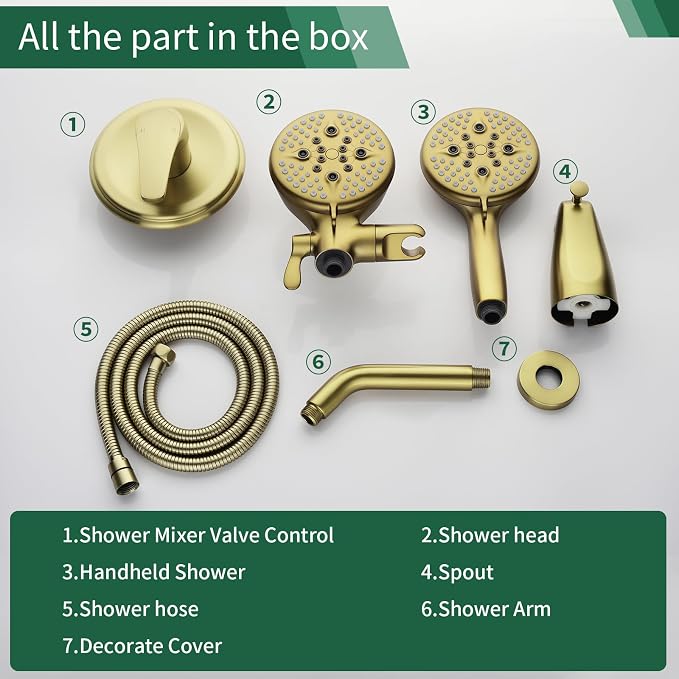 L829-3 Brushed Gold Shower Faucet Set - Complete Dual Shower Head & Handheld Combo, Tub Spout & Trim Kit