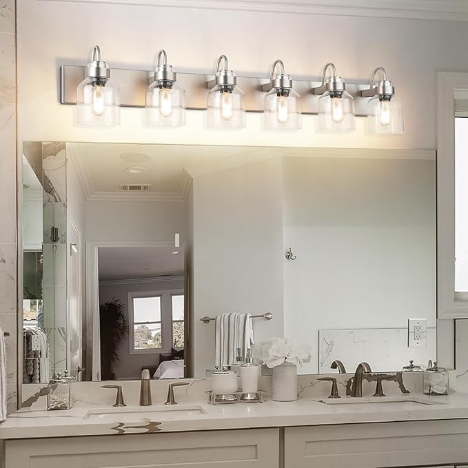 PRESDE Brushed Nickel 6 Light Bathroom Vanity Light for Bathroom Light Fixtures Over Mirror with Bubble Glass Globes Bath Vanity Lighting