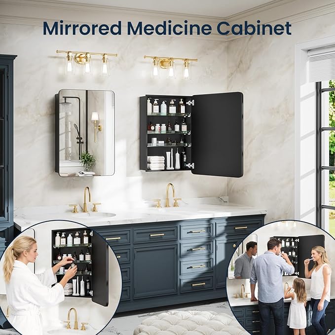 Medicine Cabinet 20x26 Inch, Aluminum Bathroom Mirror Cabinet with Storage, Recessed or Surface Mount, Black Vanity Storage Unit with 3 Anti-Tip Adjustable Acrylic Shelves, Soft Close Hinge