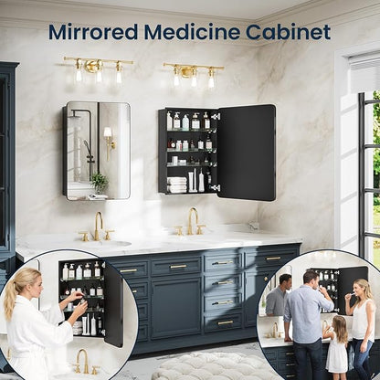 Medicine Cabinet 16x24 Inch, Aluminum Bathroom Mirror Cabinet with Storage, Recessed or Surface Mount, Black Vanity Storage Unit with 3 Anti-Tip Adjustable Acrylic Shelves, Soft Close Hinge