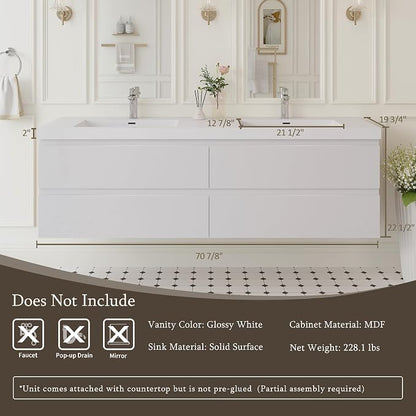 72 Inch Floating Bathroom Vanity with Sink,Glossy White | Storage Cabinet Wall Mounted Cabinet, Double Solid Surface Basin, 4 Soft Close Drawers, Fully Assembled