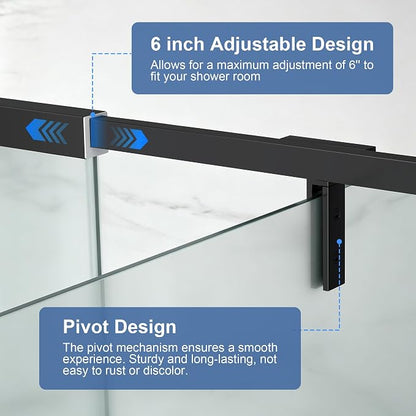 36-42" W x 72" H Frosted Pivot Shower Glass Door Matte Black | 1/4"(6mm) SGCC Tempered Glass with Explosion-Proof Film &Nano Coating,Customizable Width
