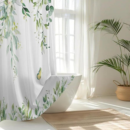 No Hook Shower Curtain and Liner Set, Mint Green Eucalyptus 71x74 | Floral Design, with Snap in Liner, Waterproof, Machine Washable, Quick-Drying, for Hotel Bathroom