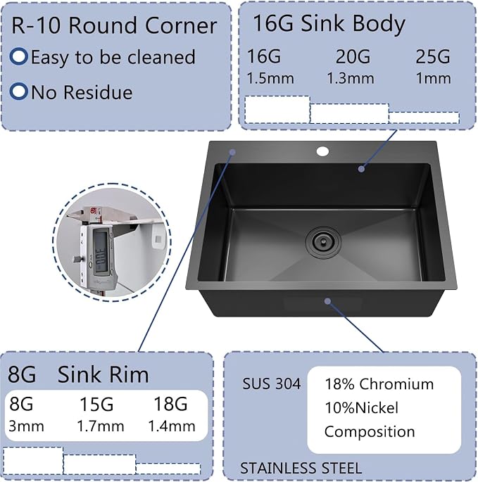 28x18 Inch Black Kitchen Sink, Topmount Drop In Stainless Steel Single Bowl Kitchen Sink, 16 Gauge Extra-Thick Modern Bar Prep RV Laundry Sinks with Mounting Brackets and Basket Strainer