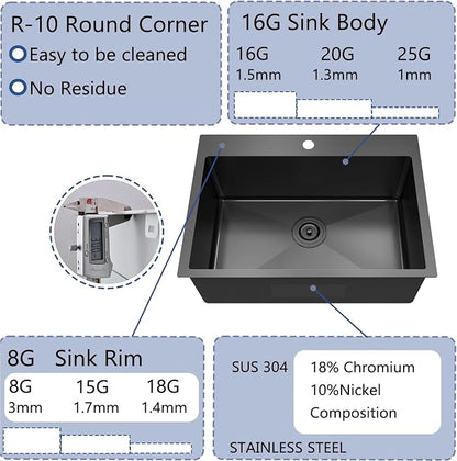 28x18 Inch Black Kitchen Sink, Topmount Drop In Stainless Steel Single Bowl Kitchen Sink, 16 Gauge Extra-Thick Modern Bar Prep RV Laundry Sinks with Mounting Brackets and Basket Strainer