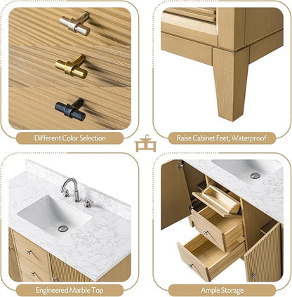 Vanity Art 48" Bathroom Vanity with Single Sink & Arabescato White Engineered Stone Top, Vanity Cabinet with Soft Closing Door, Solid Wood Frame, Golden Brushed Handles, Natural Oak VA8148-NO-GB