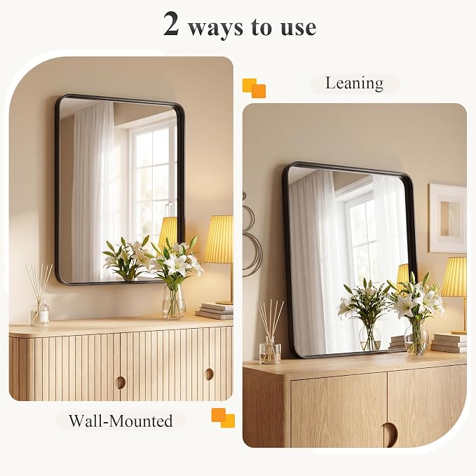 OLIXIS Bathroom Mirror for Over Sink, 30x22 Inch Wall Vanity Mirror, Black | Rounded Rectangle Mirror with Matte Metal Framed, Modern Wall Mount Mirror for Home Decor, Living Room