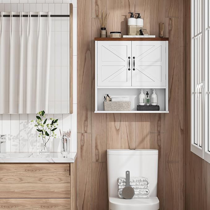 Bathroom Wall Cabinet with Barn Doors, Wall Mounted Bathroom Cabinet, Farmhouse Style, Adjustable Shelf, Wall Mounted Medicine Cabinets, 23.6 x 7.9 x 23.9 Inches