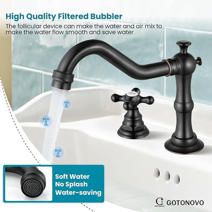 gotonovo Bathroom Faucet 3 Hole 8 Inch Widespread Bathroom Sink Faucet 2 Cross Handles Vintage Lavatory Vanity Mixer Tap with Pop Up Drain, HOT Cold Label, Oil-Rubbed Bronze