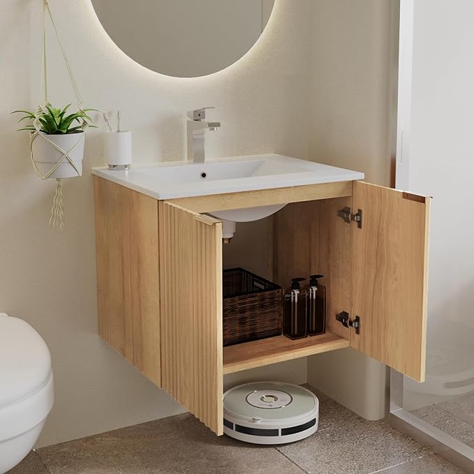 Modern Bathroom Vanity with Sink, Floating Wall Mount Cabinet with Wavy Textured Doors, Waterproof Storage for Small Bathroom, Soft-Close Design, Nature Wood (24")