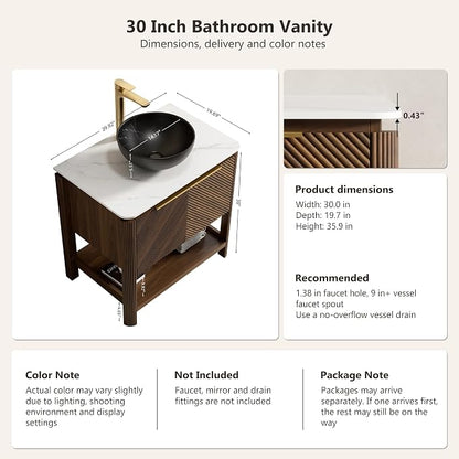 Yayzy 30 Inch Bathroom Vanity with Sink, Freestanding Dark Walnut Bathroom Cabinet, Black Marble Pattern Vessel Sink, Carrara White Sintered Stone Countertop, Soft Close Doors, Open Storage Shelf