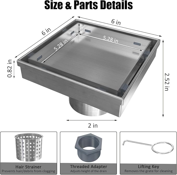 Tile-in Square Shower Drain 6 Inch with Hair Strainer, Brushed | SUS 304 Stainless Steel, Removable Grate & Hair Strainer Design, for Bathroom, Kitchen, Balcony, Garage, Basement, Toilet